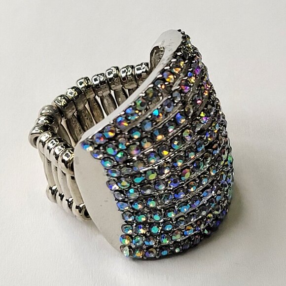 Rhinestone Ring Stretch Adjustable Ring with Aurora Borealis Rhinestones - Picture 2 of 16